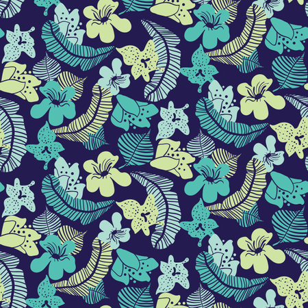 Tropical flowers and leaves seamless vector pattern. Botanical surface print design for fabrics, stationery, scrapbook paper, textiles, gift wrap, backgrounds, home decor, wallpaper, and packaging.のイラスト素材