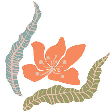 Tropical flower and leaves simple vector illustration. Orange bloom in flat style.のイラスト素材