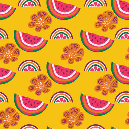 Watermelon and orange slices seamless vector pattern. Bright rainbow surface print design for fabrics, stationery, scrapbook paper, gift wrap, home decor, textiles, backgrounds, and packaging.のイラスト素材
