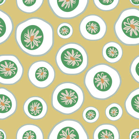 Polka dots with daisies seamless vector pattern. Surface print design for fabrics, stationery, scrapbook paper, gift wrap, textiles, backgrounds, and packaging.のイラスト素材