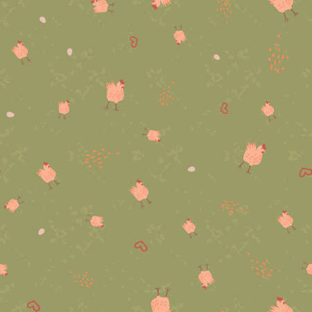 Chickens, eggs, and hearts seamless vector pattern. Farm themed surface print design for fabrics, stationery, scrapbook paper, gift wrap, textiles, backgrounds, and packaging.のイラスト素材