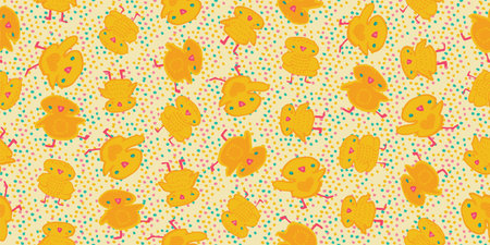 Cute cheerful chicks seamless vector pattern. Easter holiday surface print design in sunny yellow colors. Great for fabrics, stationery, scrapbook paper, gift wrap, textiles, backgrounds and packagingのイラスト素材