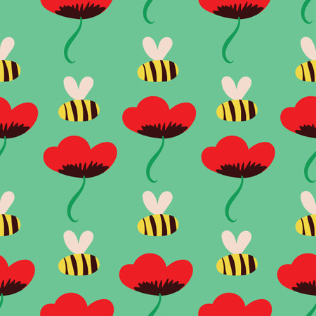 bright poppies and bees seamless vector patternのイラスト素材