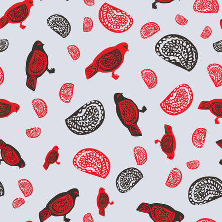 folk stylized birds pattern in gray and redのイラスト素材