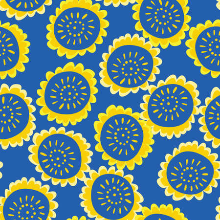 yellow sunflowers seamless vector pattern on blueのイラスト素材