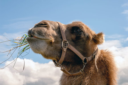 A camel is eating grass with its mouth open. The camel is wearing a harness and has a brown head