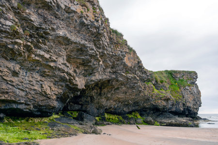 A rocky cliff with a beach in the background. The cliff is covered in moss and has a greenish tint. The beach is sandy and has a few rocks scattered aroundの写真素材