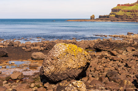 A large rock sits on a rocky shoreline, overlooking the ocean. The scene is calm and peaceful, with the water and rocks creating a serene atmosphereの写真素材