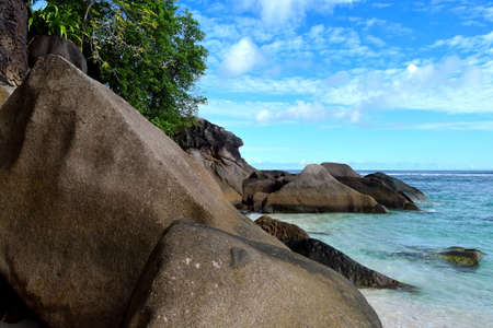 Beautiful beach with outentical rock formation in Seychelles, Mahe islandの写真素材