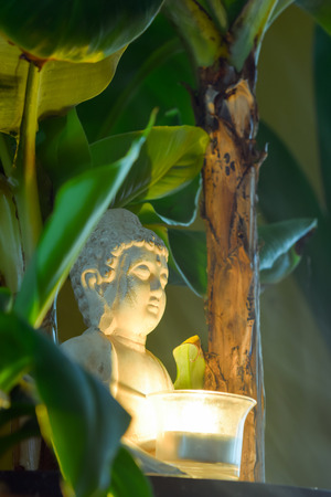 Sitting Buddha surrounded by banana trees hold the burning candle in handsの写真素材