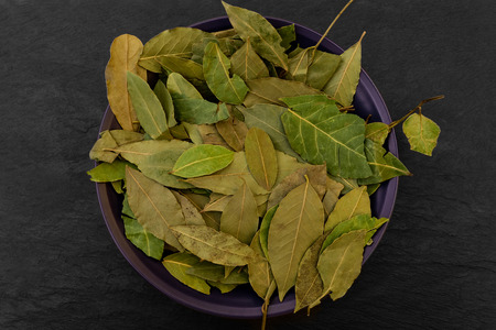Dried up bay leaves placed in purple plate on black stone surface backgroundの写真素材