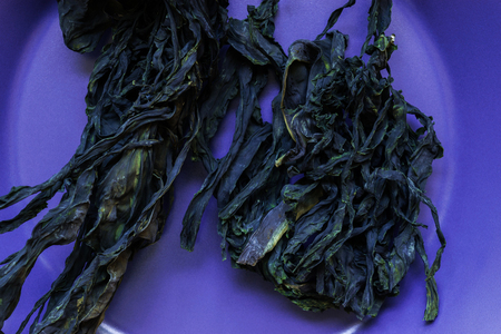Dry seaweed in purple plate close up viewの写真素材
