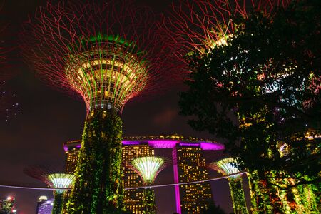 Singapore - 13 October 2018. Night view of Gardens By The Bay and Marina Bay Sands hotelのeditorial素材
