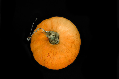 Top view of orange pumpkin isolated on black backgroundの写真素材