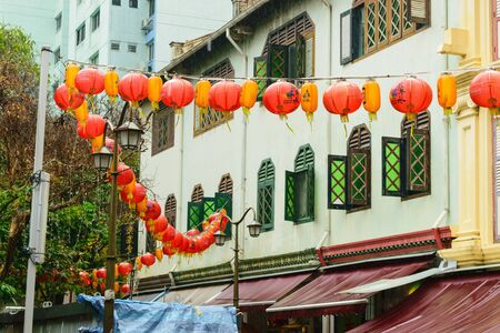 Singapore - 14 OCT 2018. Chinatown market street during tropical rainのeditorial素材