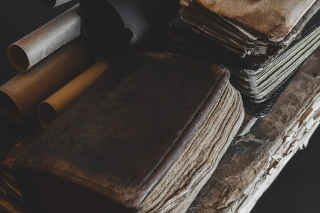 Pile of old, aged, dusty, dark books and parchments background with copy space