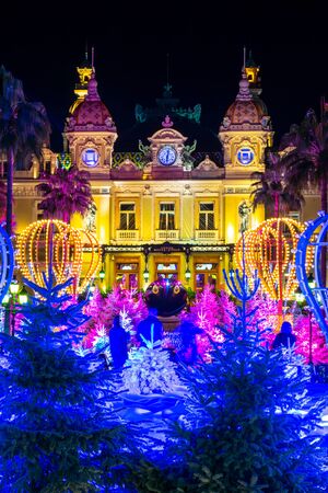 Monaco 5 DEC 2019 Casino Monte Carlo illuminated by Christmas lights and decorations during the night timeのeditorial素材