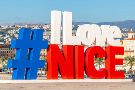Nice France 7 DEC 2019 Hashtag I Love Nice sign with the view of English Promenade in Nice city cost during clear dayのeditorial素材