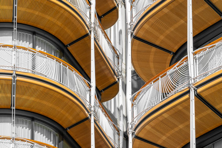 Monaco 7 DEC 2019 Abstract background of modern skyscraper wooden and metallic balconies...
