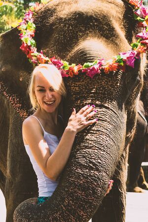 Elephant with colorful wreath hugging blonde woman with trunk in Bali islandの写真素材