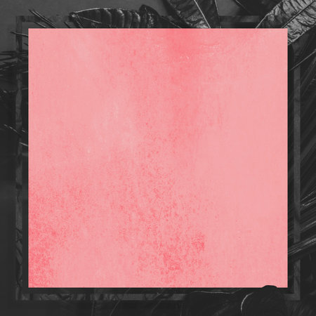 Abstract background illustration of black flowers leaves with pink grunge square copy space in the...