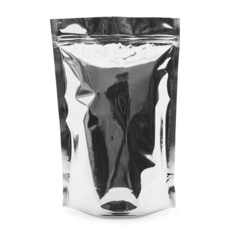 Blank silver plastic pouch bag mockup with copy space isolated on white backgroundの写真素材