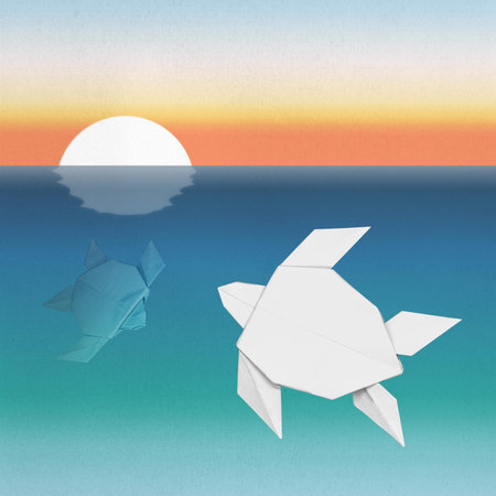 Abstract illustration of white sea turtles swimming in blue ocean with yellow sunset background and made from paper using paper folding technique origami. Matte craft paper texture backgroundの写真素材