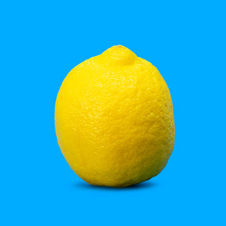 Minimal summer food concept. Yellow lemon citrus fruit isolated and casting shadow on blue vivid background with copy spaceの写真素材