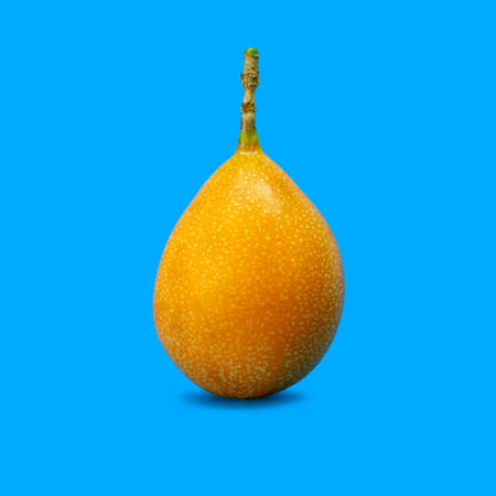 Minimal summer food concept. Citrus yellow passion fruit (sweet granadilla) isolated and casting shadow on blue vivid background with copy spaceの写真素材