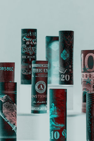 Inverted with blue tint illustration on a commercial, financial, banking theme of various currency...