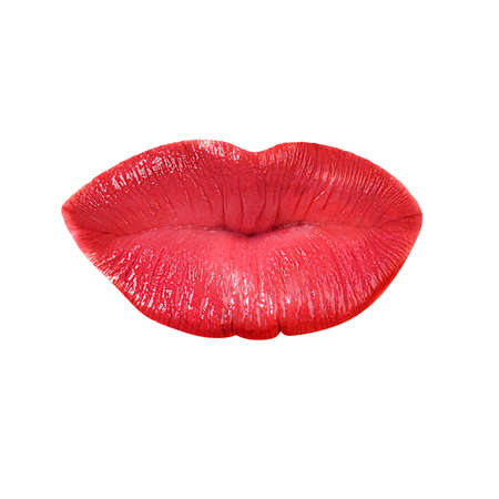 Cut out woman lips in kiss shape and with red lipstick isolated on white background. Image with shallow depth of fieldの写真素材
