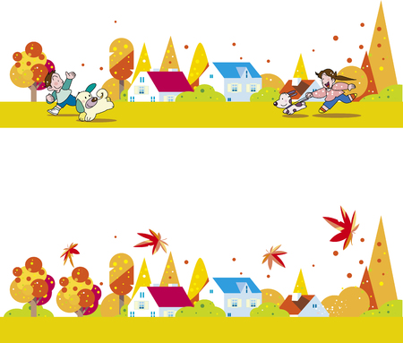 Autumn town and childrenのイラスト素材