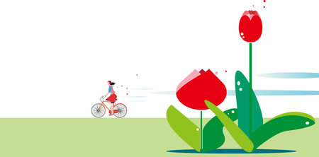 Cycling with tulips and fieldsのイラスト素材