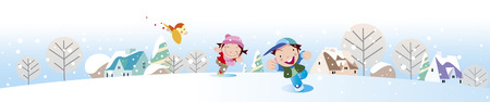 Children's landscape playing in the snowのイラスト素材