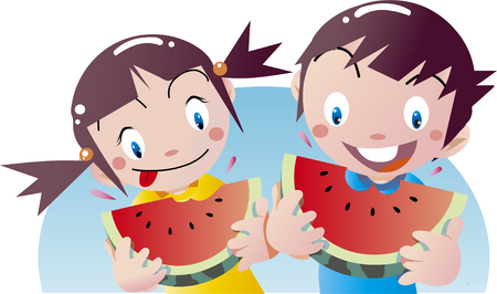 Children eating watermelon in summerのイラスト素材