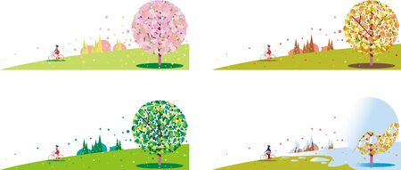 A woman riding a bicycle with the scenery of the four seasonsのイラスト素材