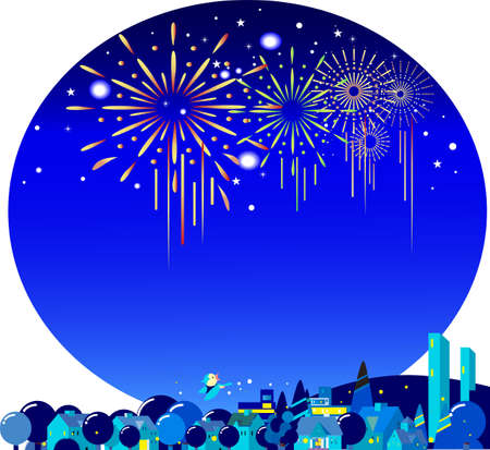 Summer night and cityscape with beautiful fireworksのイラスト素材