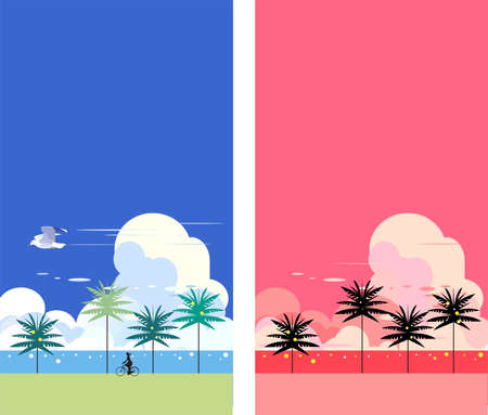 Blue sky with palm trees and summer crescent cloudsのイラスト素材