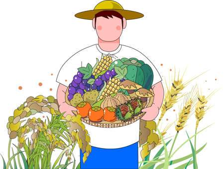 Autumn harvest, farmer with rice, wheat, fruits, vegetablesのイラスト素材