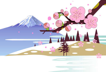 Fuji in early spring when plum trees are in bloom.のイラスト素材