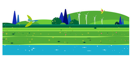 A wind farm is built on a landscape of green meadows and rivers and forestsのイラスト素材