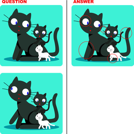 Spot the difference quiz, parent and child of a black cat and a white catのイラスト素材