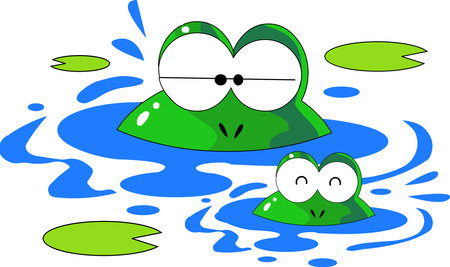 A parent and child frog are sticking out of the pondのイラスト素材