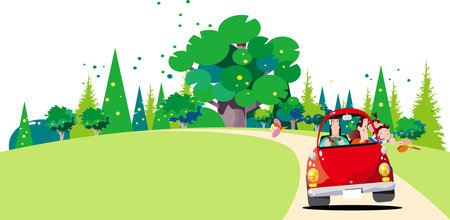 A family enjoying a trip by car in the green seasonのイラスト素材