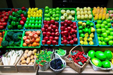 Wide view of fruits background and texture in the basketの写真素材
