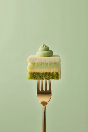 Minimalist photo of a slice of layered green and yellow cake placed on a golden fork with a soft green backgroundの素材