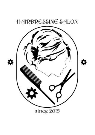 Hairdressing salon sign with beautiful women head silhouette. Women has nice haircut. Also on sign can be found hairdressing tools - scissors and comb.のイラスト素材
