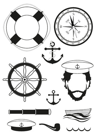 Set of sea and nautical decorations isolated on white background. Collection of elements for company logos, business identity, print products, page and web decor or other design. Vector illustration.のイラスト素材
