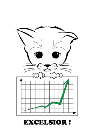 Boso, calm kitten, darling of fortune. Kitten hold business diagramm  with successfull growth result. Calm smile is playing on his muzzle. Black vector illustration isolated on white background.のイラスト素材