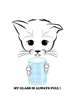 Boso, calm and happy kitten, darling of fortune. Calm smile is playing on his muzzle. He holds glass full of water and confident about future. Black vector illustration isolated on white background.のイラスト素材